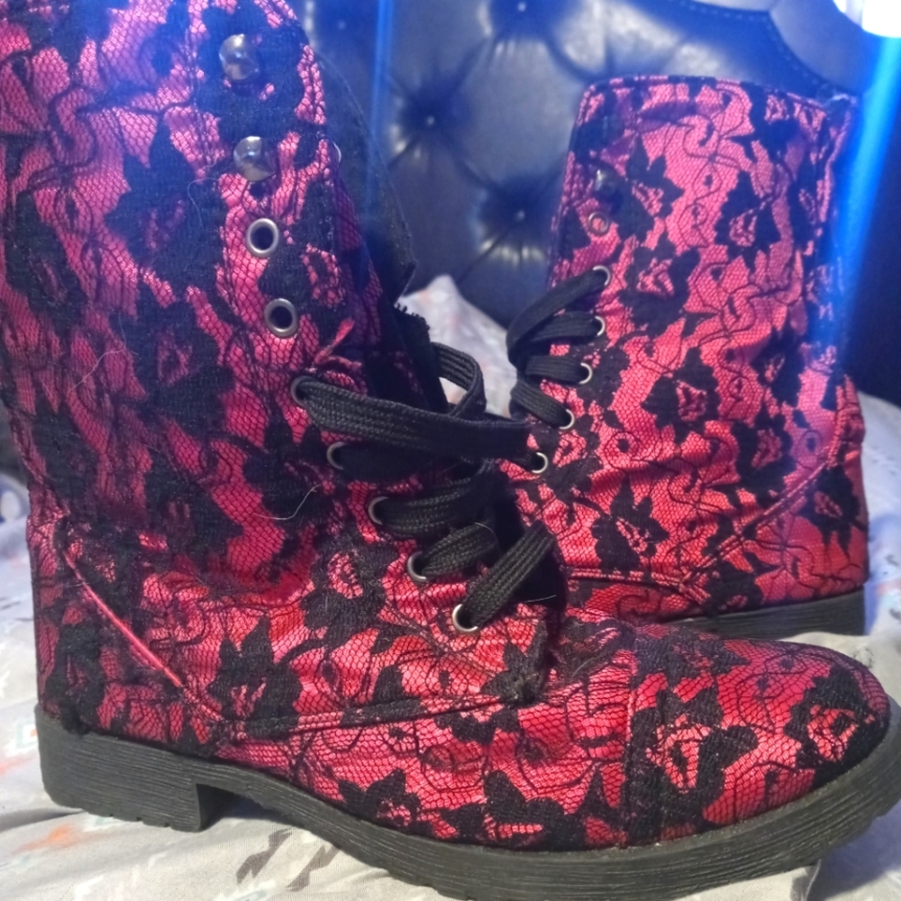 Pink and black lace boots